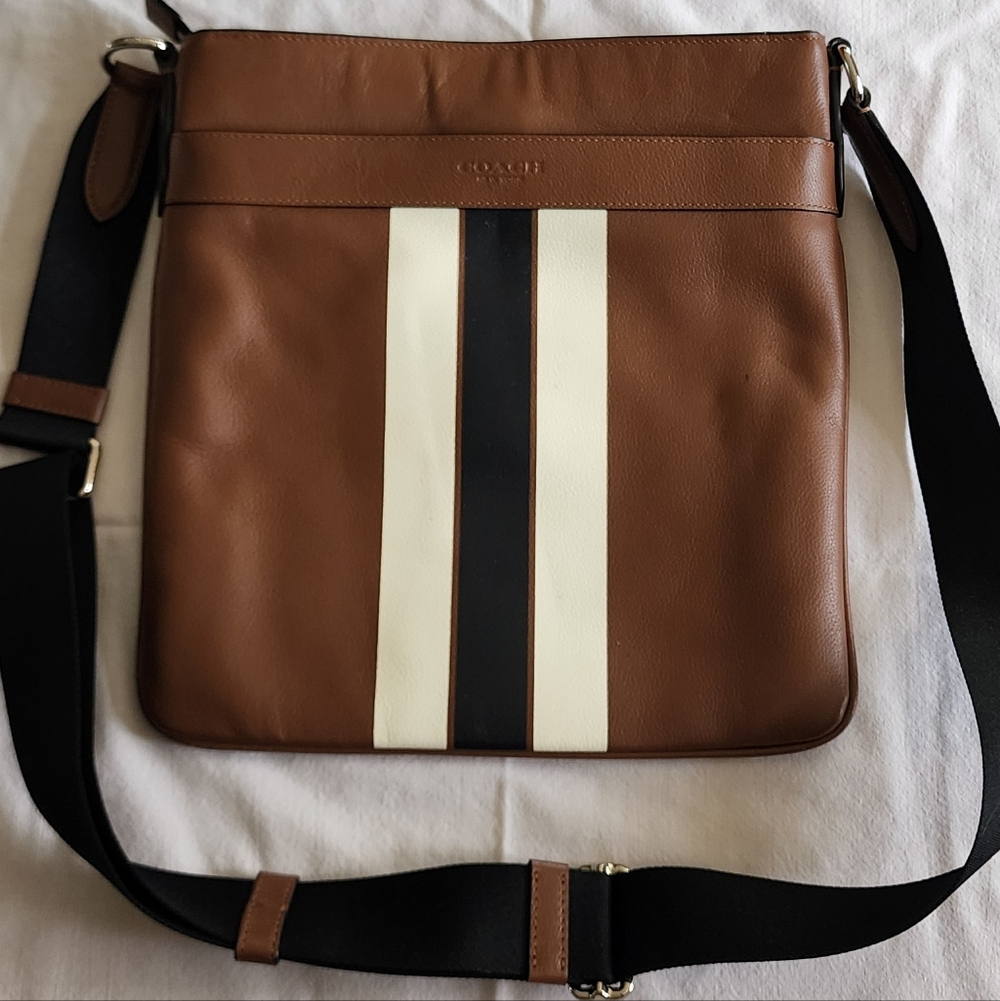 Coach Men's Brown Leather Messenger Bag with Black and White Stripe